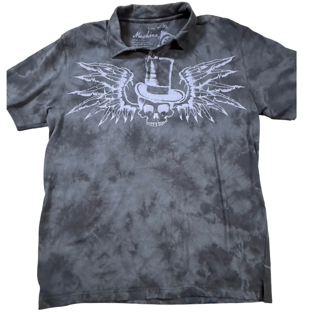 Y2K Machine Skull Graphic Polo Shirt Tie Dye Acid‎ Wash Print Short Sleeve XL